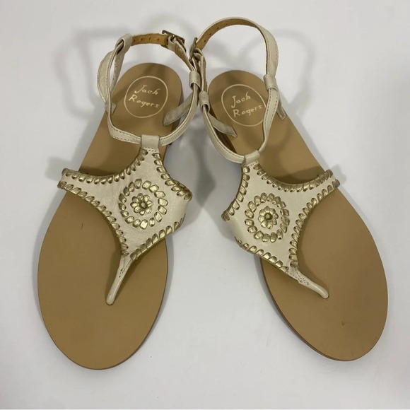 Jack Rogers Women Floral Sandals Leather Beige Sz 7.5 Summer Casual Beach Boho - Picture 5 of 11
